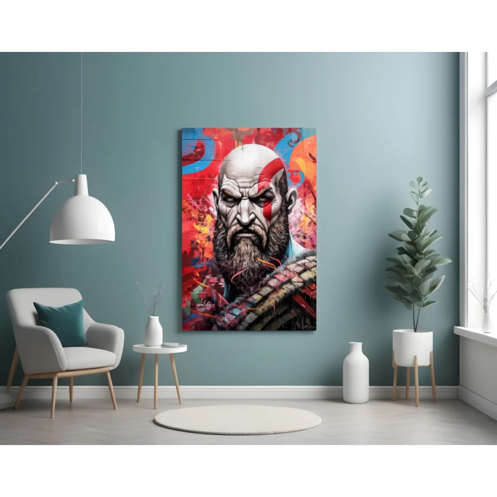 Epic Kratos glass wall art canvas print for gaming fans