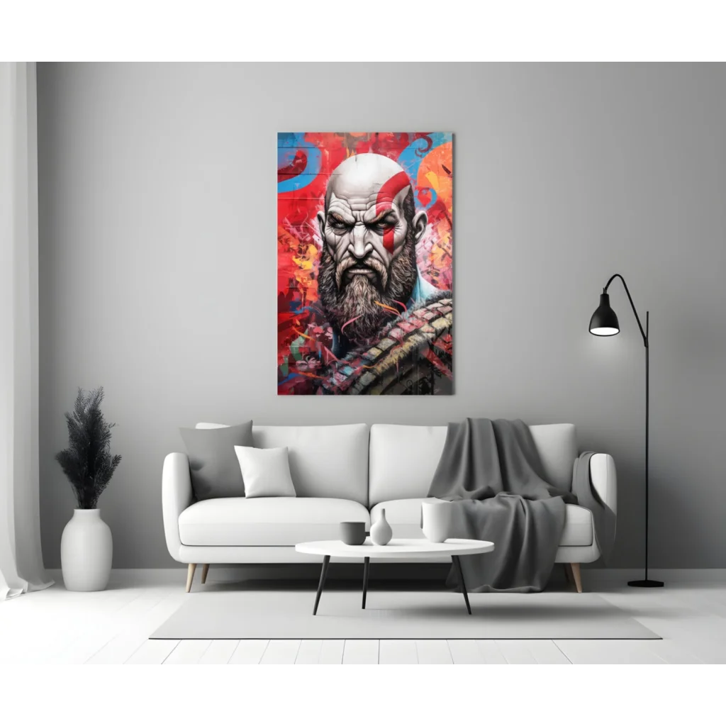 Epic Kratos glass wall art canvas print for gaming fans