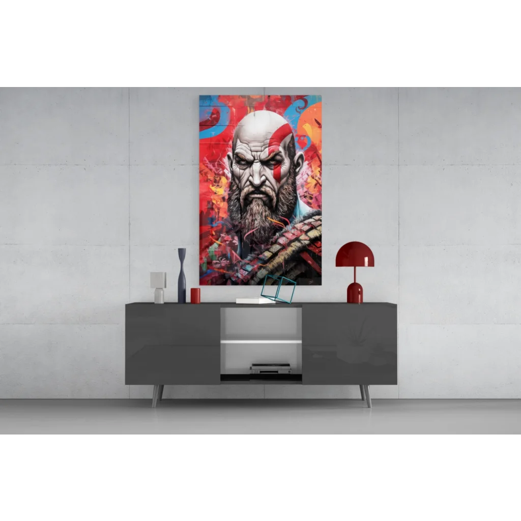 Vibrant Kratos glass wall art canvas print for gaming fans