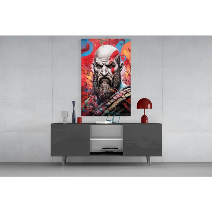 Vibrant Kratos glass wall art canvas print for gaming fans