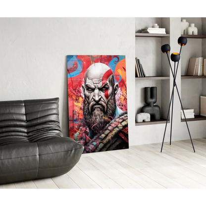 Vibrant Kratos glass wall art canvas print for gaming fans
