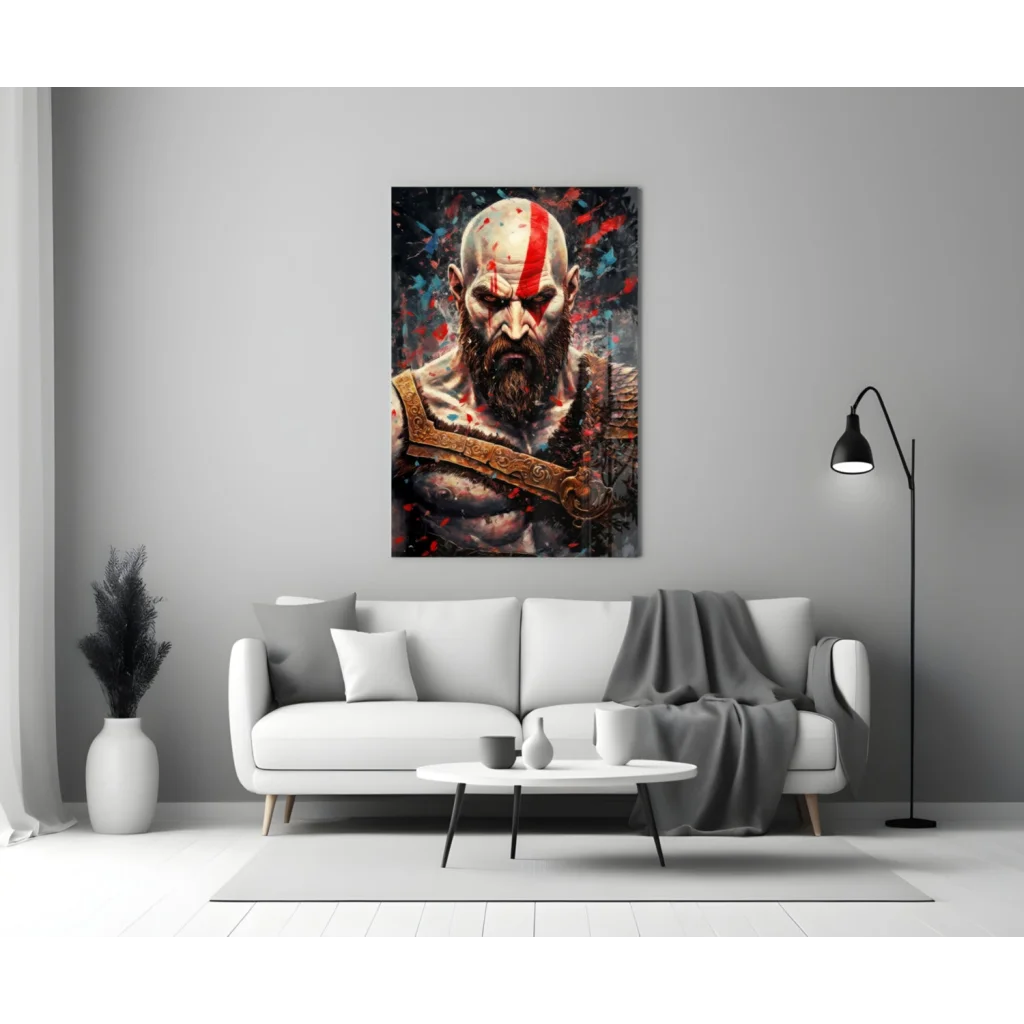 Epic Kratos wall art canvas print with red and black details