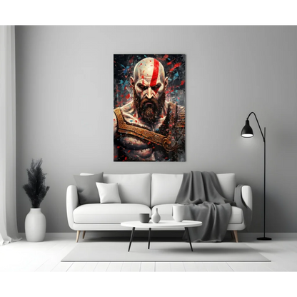 Epic Kratos wall art canvas print with red and black details
