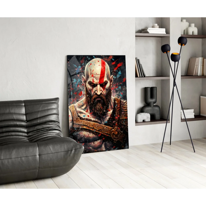 Epic Kratos wall art canvas print with detailed armor, beard, and metallic sheen