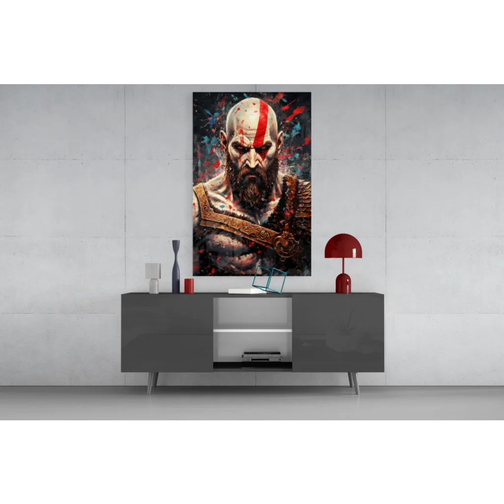 Vibrant Kratos wall art canvas print with red and black details