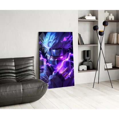 Epic Naruto lightning wall art poster with blue purple bolts over black leather couch