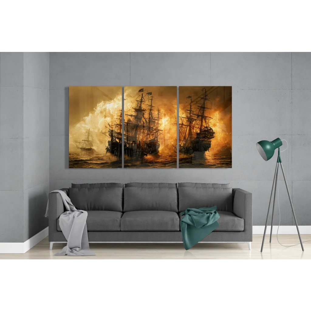 Epic Naval Battle glass wall art: fiery three-panel canvas of sailing ships in turbulent seas