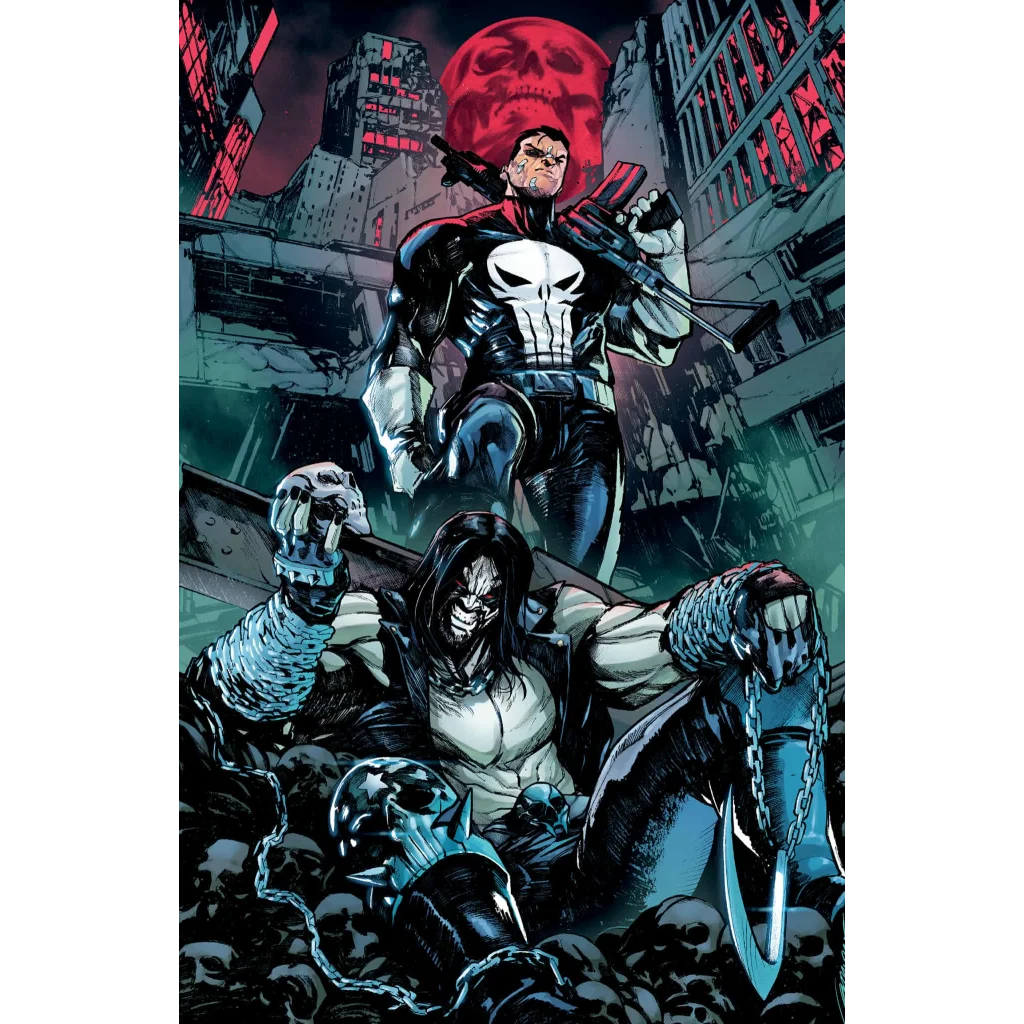 Epic Punisher in skull tactical suit with assault rifle in ruined city