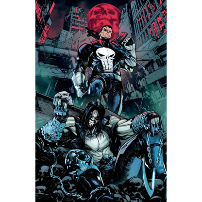 Epic Punisher in skull tactical suit with assault rifle in ruined city