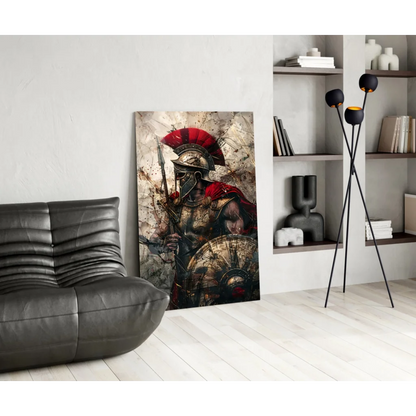 Epic Spartan warrior wall art print with red helmet and shield