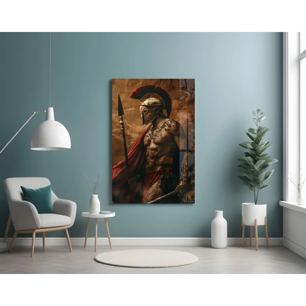 Epic Spartan warrior wall art print in gold armor with red accents