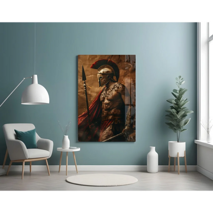 Epic Spartan warrior wall art print in gold armor with red accents