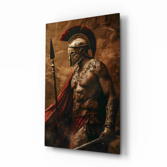 Epic Spartan warrior wall art print in red gold with metallic armor