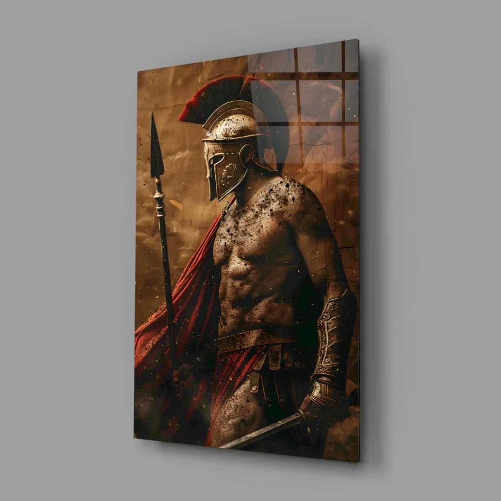 Epic Spartan warrior wall art print with gold metallic armor