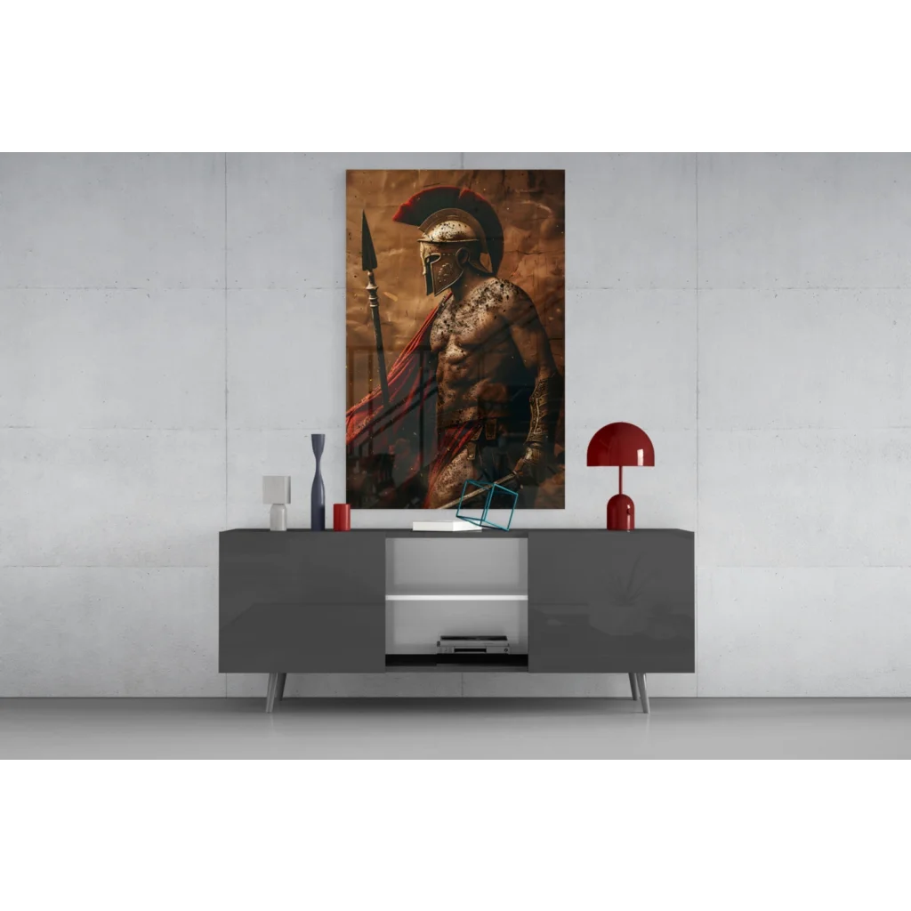 Epic Spartan warrior wall art poster with red helmet and gold metallic armor