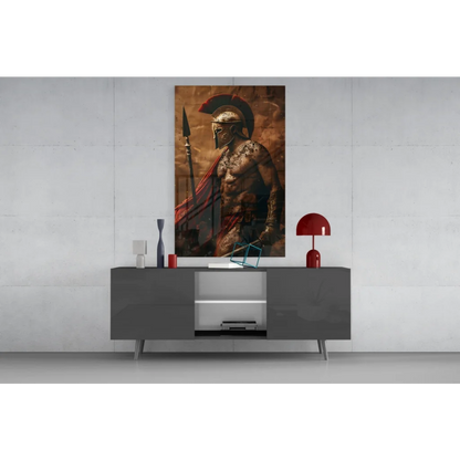 Epic Spartan warrior wall art poster with red helmet and gold metallic armor