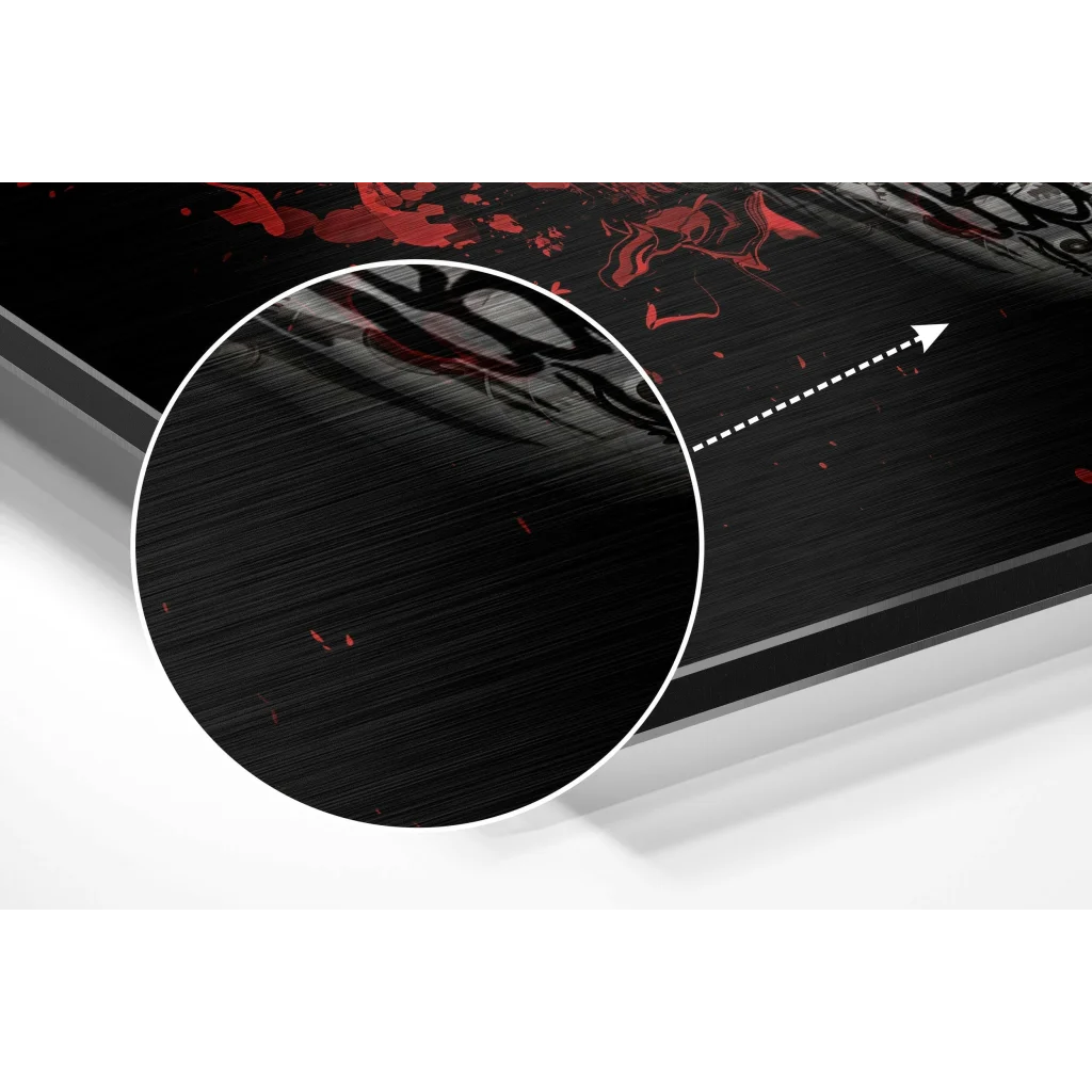 Black and red Razer gaming laptop on epic skull brushed aluminium dibond