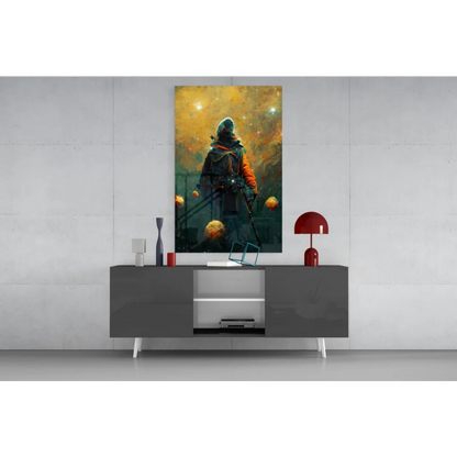 Modern gray sideboard with white legs, red lamp, Epic Space Knight wall art