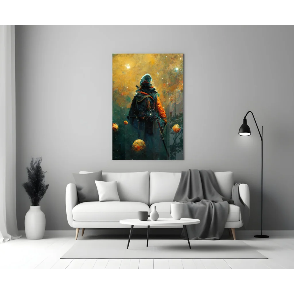 24x36 Epic Space Knight canvas wall art with glowing planets