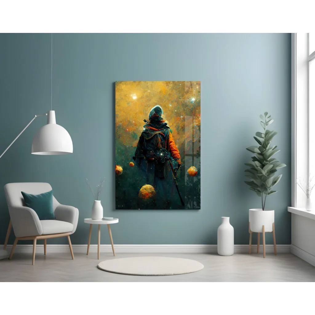Epic Space Knight canvas wall art with glowing planets and orange figure