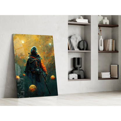 Epic Space Knight canvas wall art with glowing eyes and cosmic planets