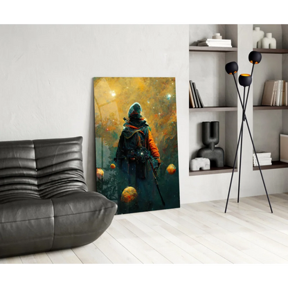 Modern black leather sofa with tufted backrest in Epic Space Knight wall art