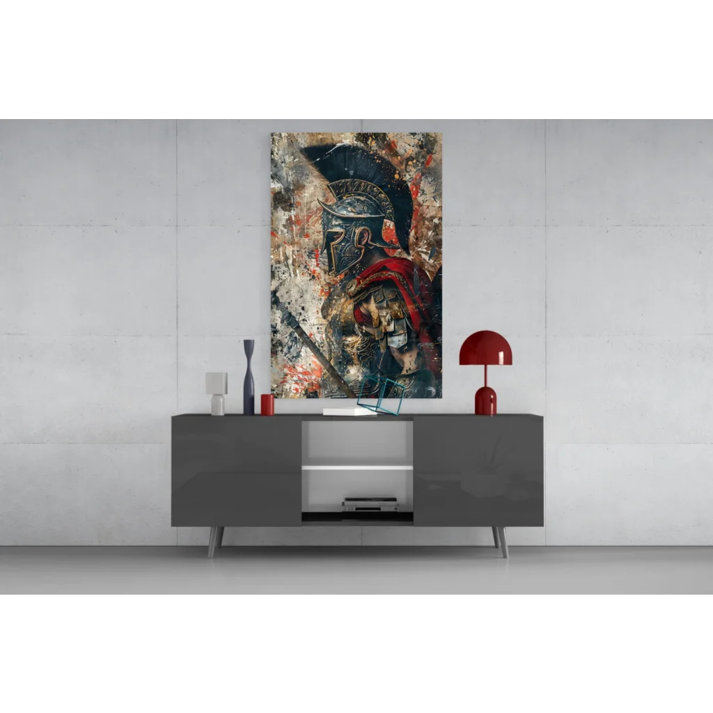Epic spartan warrior wall art canvas print on gray table