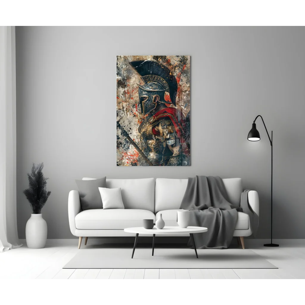 Epic Spartan Warrior textured canvas wall art print in dark armor