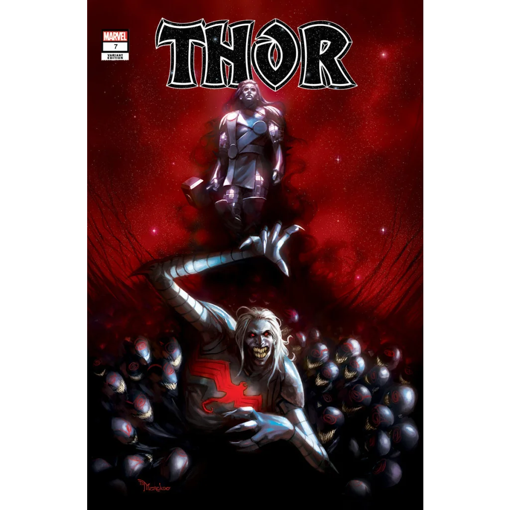 Marvel Thor comic cover with silver armored Thor, pale villain, dark monsters on red background