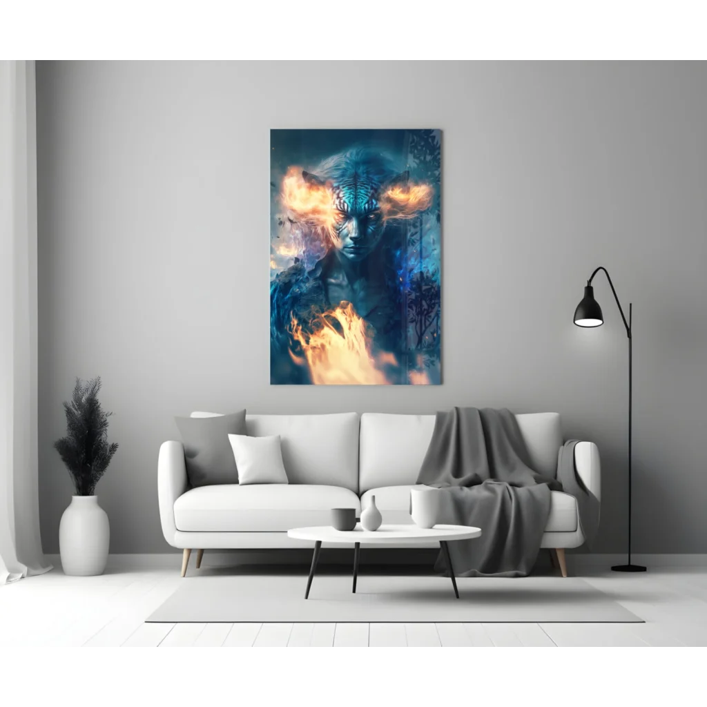 Fiery blue fantasy face canvas wall art print with glowing elements