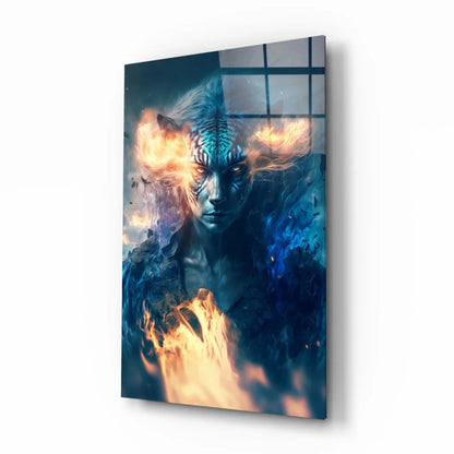 Fiery blue fantasy face canvas wall art print on white wall
