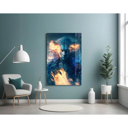 Mystical blue tiger with fiery flames, Fiery Blue Fantasy Face wall art canvas print