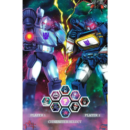 Comic-style Transformers battle with glowing Decepticons in silver, purple, blue