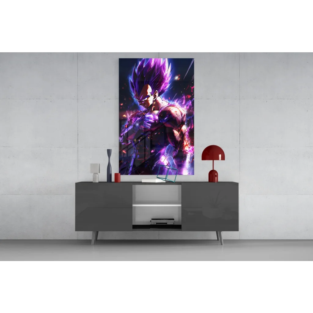 Vibrant Vegeta Super Saiyan glass wall art poster with spiky hair and glowing energy