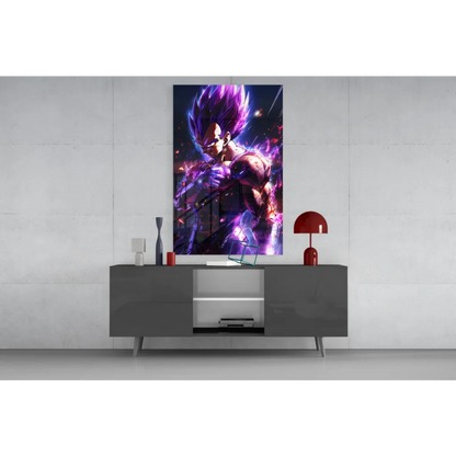 Vibrant Vegeta Super Saiyan glass wall art poster with spiky hair and glowing energy