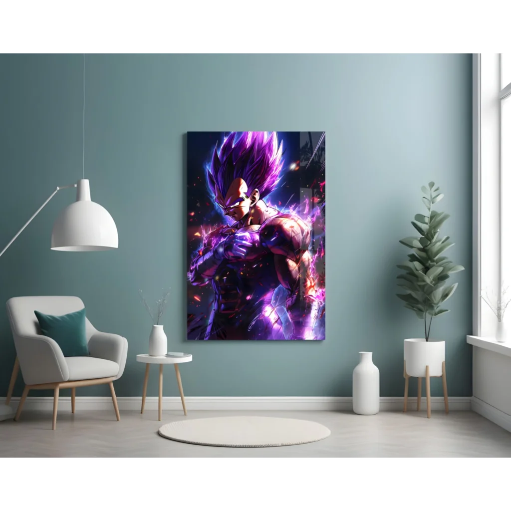 Epic Vegeta Super Saiyan glass wall art poster on teal wall