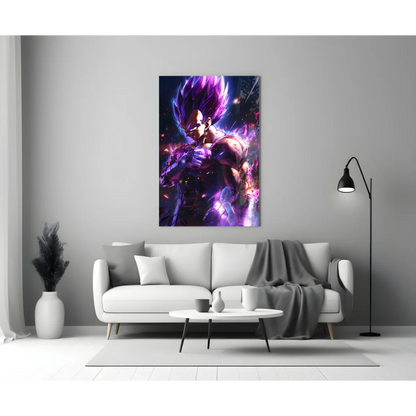Vibrant Vegeta Super Saiyan glass wall art poster with spiky hair and glowing aura