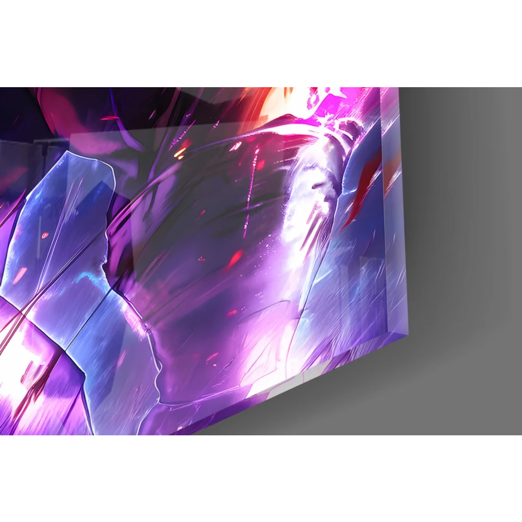 Vibrant Epic Vegeta Super Saiyan glass wall art on glowing purple acrylic