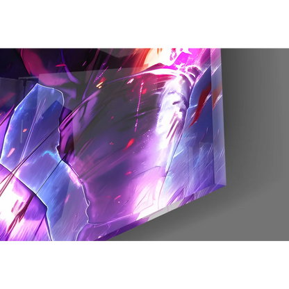 Vibrant Epic Vegeta Super Saiyan glass wall art on glowing purple acrylic