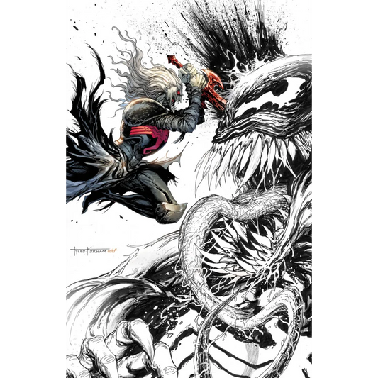 Partially colored Epic White Haired Warrior fighting a sharp-toothed monster comic illustration