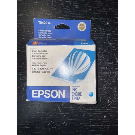 Epson T0422 cyan ink cartridge in original blue white packaging
