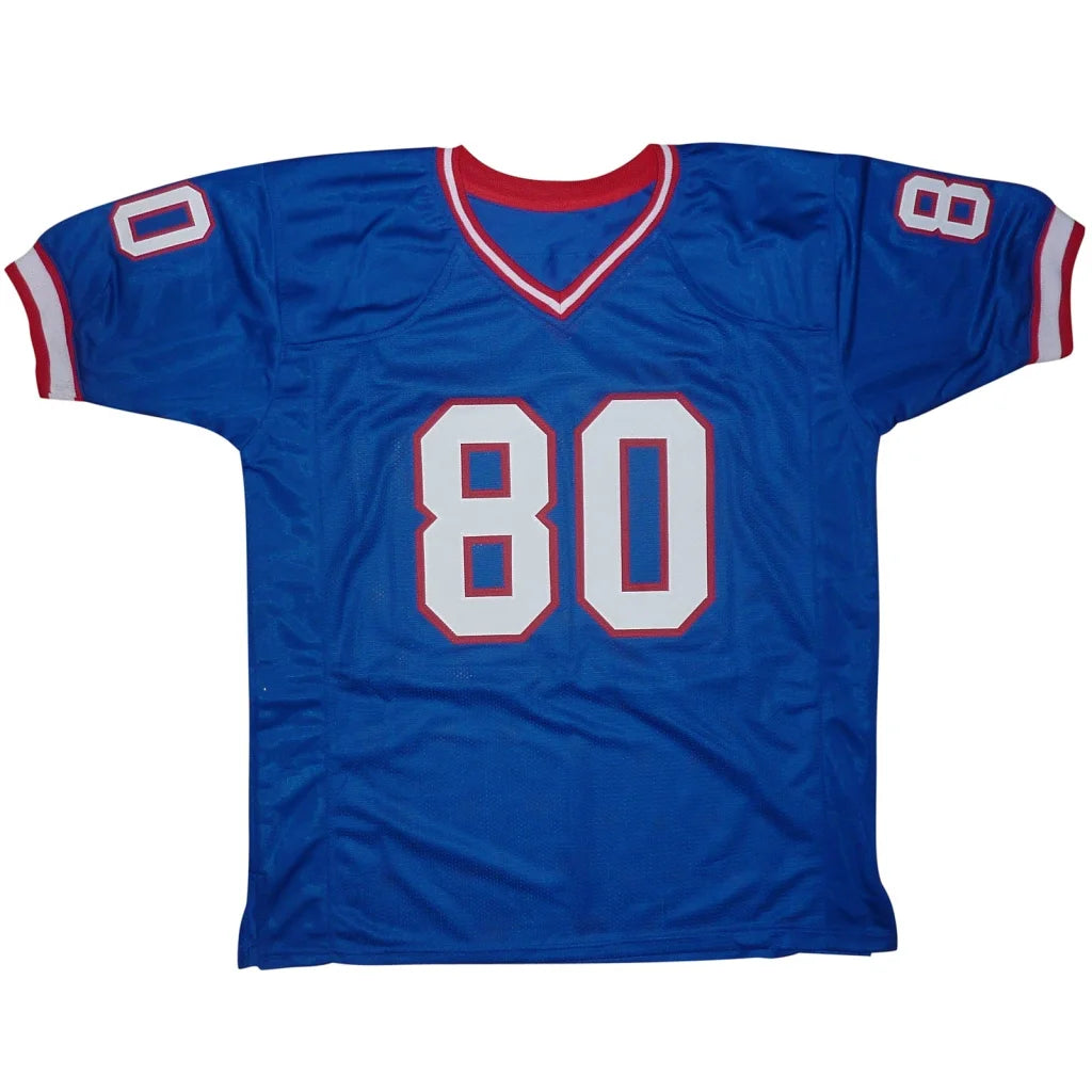 Eric Moulds autographed Buffalo blue #80 jersey with white red trim