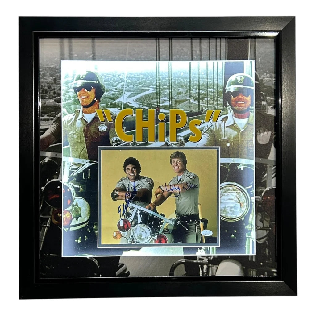 Deluxe framed CHiPs 8x10 photo of Erik Estrada and Larry Wilcox autographed
