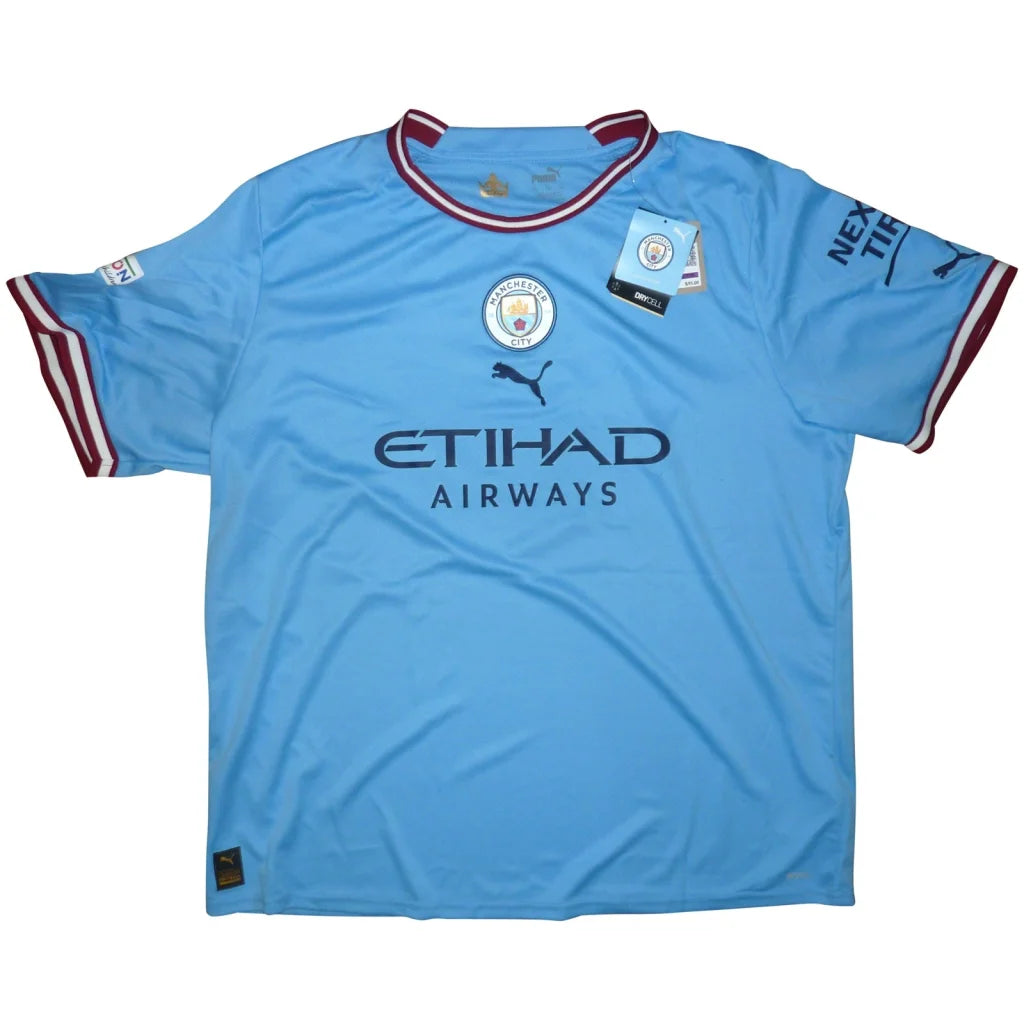 Erling haaland autographed manchester city ethiad 2022-23 blue #9 jersey with beckett witness and ucl patch