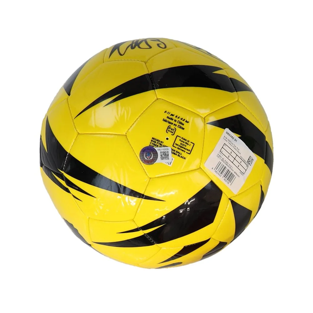 Yellow soccer ball with black lightning bolt patterns featuring Borussia Dortmund logo soccer design