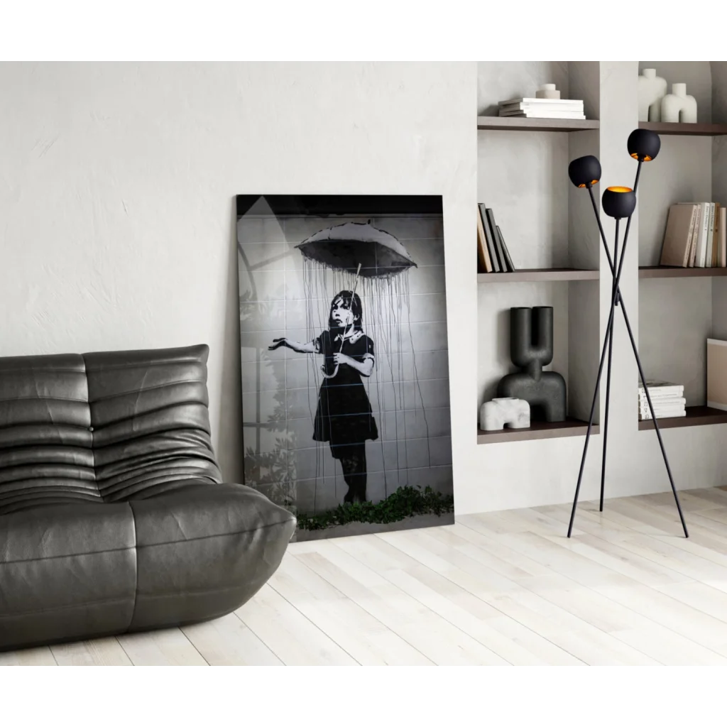 Banksy girl with umbrella black and white canvas wall art print