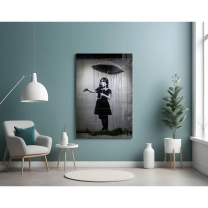 Banksy Girl Umbrella Canvas Wall Art Print Black and White | Contemporary Home Wall Art | vintageantiquesgifts.com