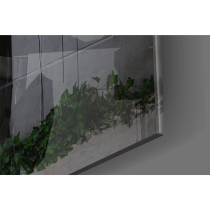 Green leafy plant on reflective glass wall art print