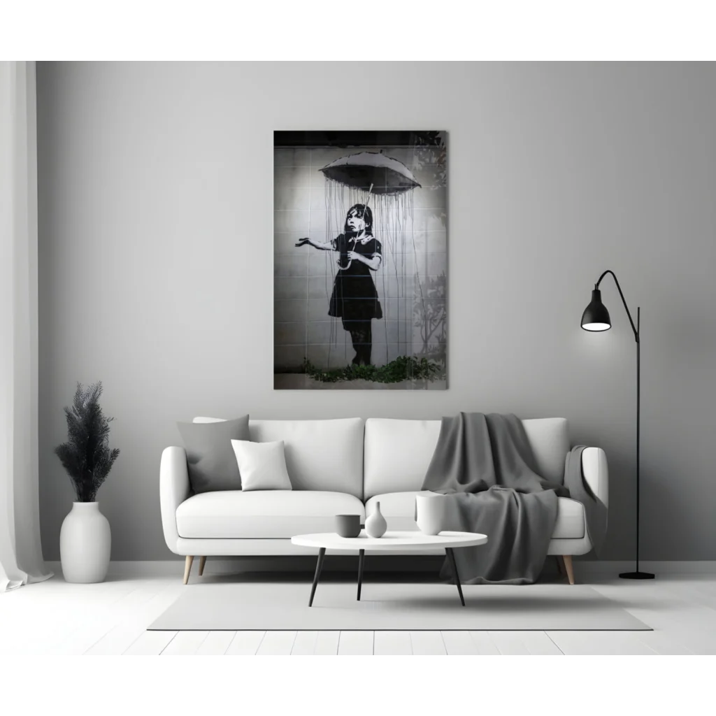 Banksy Girl Umbrella Canvas Wall Art Print Black and White | Modern Wall Art Decor | vintageantiquesgifts.com