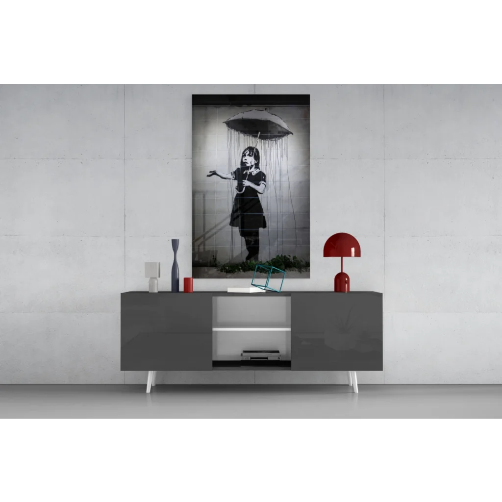 Banksy girl with umbrella black and white canvas wall art print